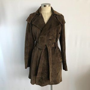 Women's Vintage Hip Mod Brown Leather Suede Long Button Coat Jacket W/ Hood Sz L